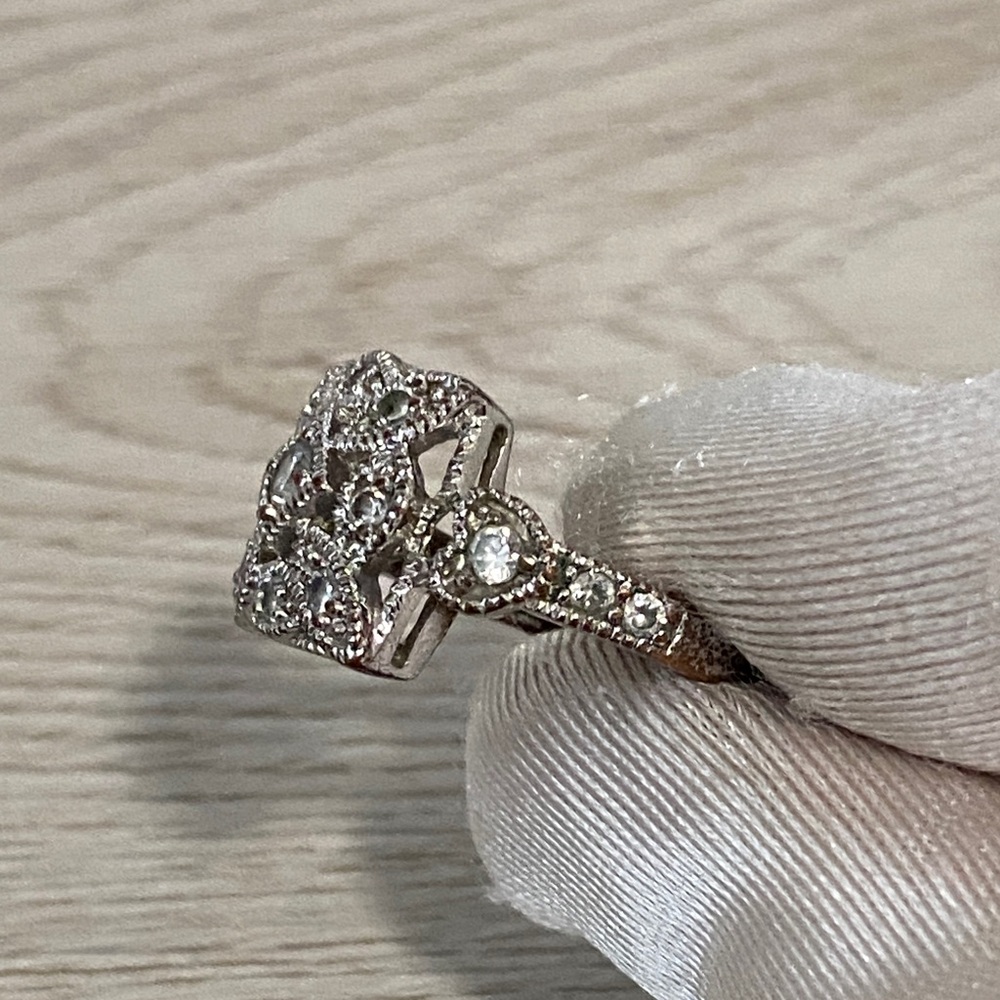 Silver Vintage Style Square Filigree Ring Floral & Crystals Marcasite Accents - Picture 7 of 16